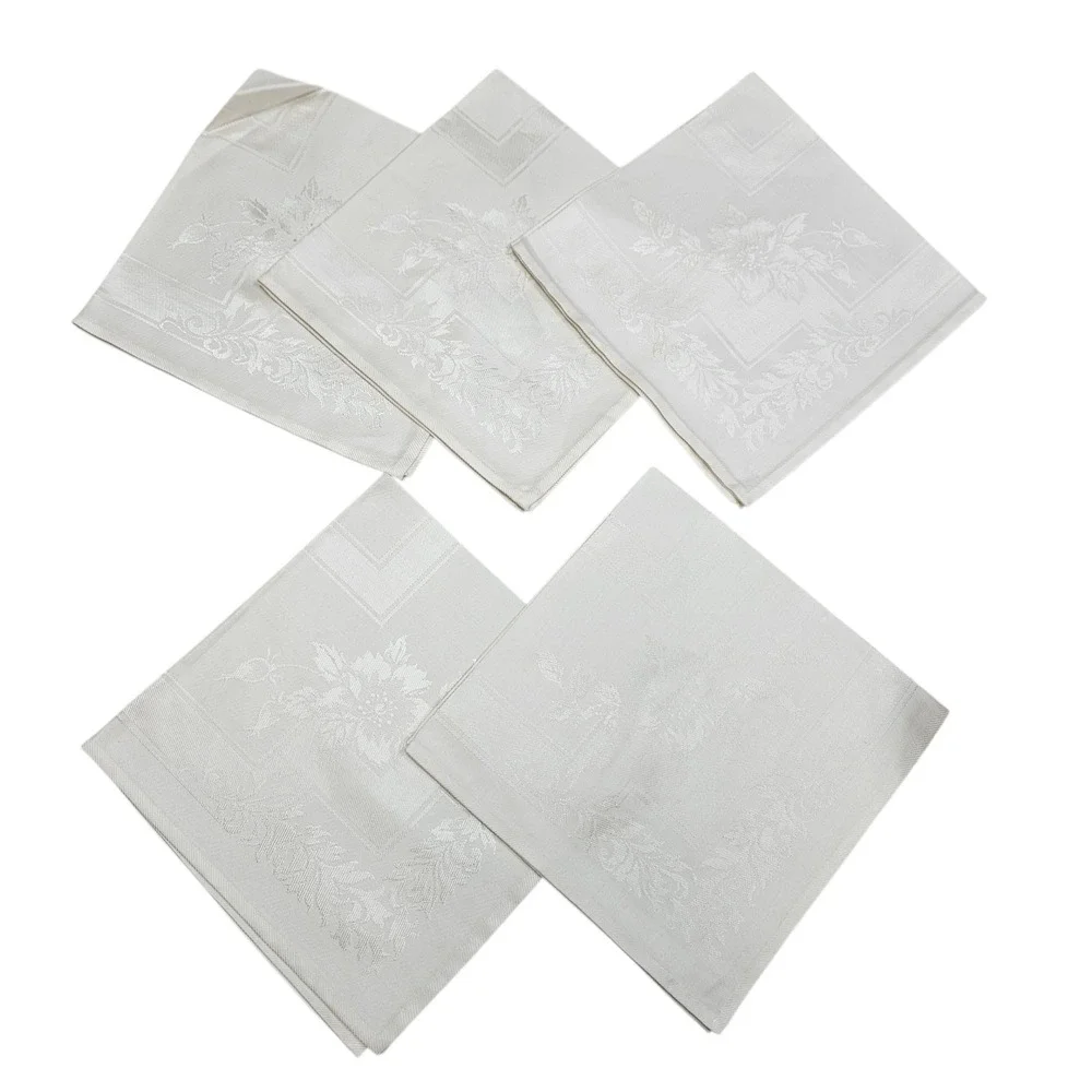 Set of 5 Damask Napkins Cotton Rayon Floral White Neutral Dinner Party‎ Japan